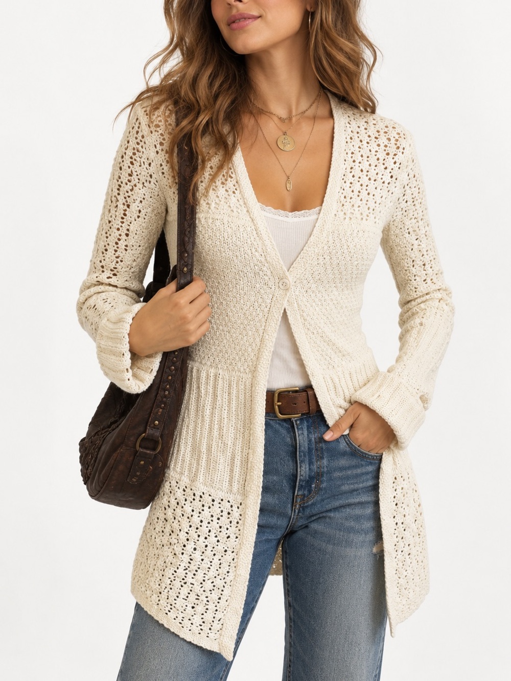 American Eagle Open Knit Long Cardigan Sweater Cream Crochet Boho Chic XS